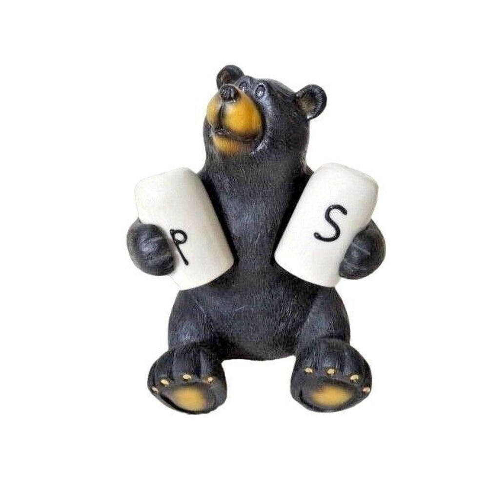 Black Bear White Salt Pepper Shakers Stoneware Home Lodge Cabin Kitchen Gift NEW